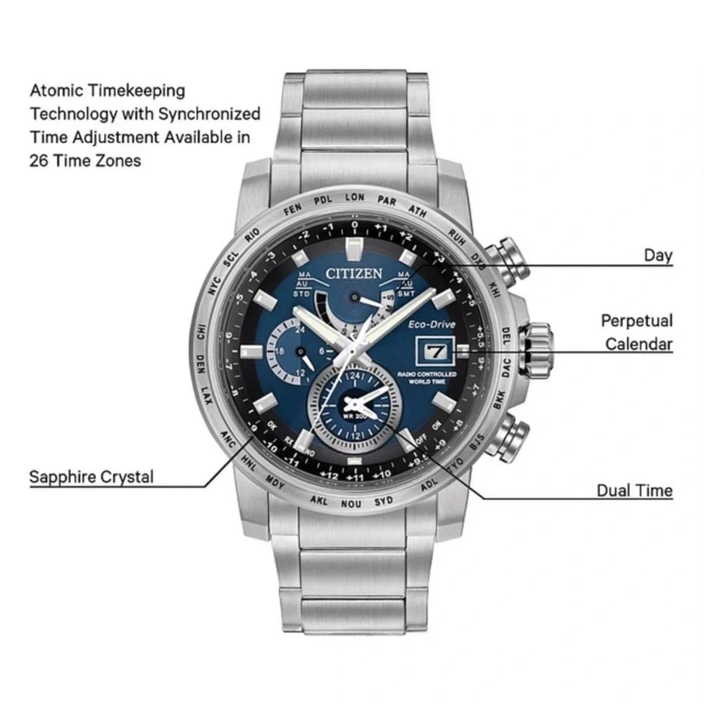 Citizen Eco-Drive World Time A-T Bracelet Watch Solar Silver-Toned w/ Blue Face - Picture 9 of 13